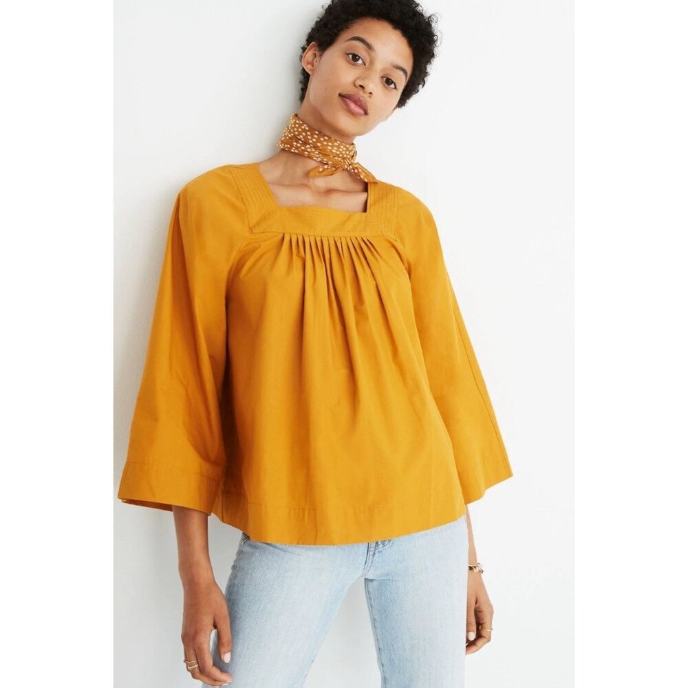 Madewell Mustard Yellow Top‎ Sz S Square Neck Peasant Shirt Boho  Blouse Summer